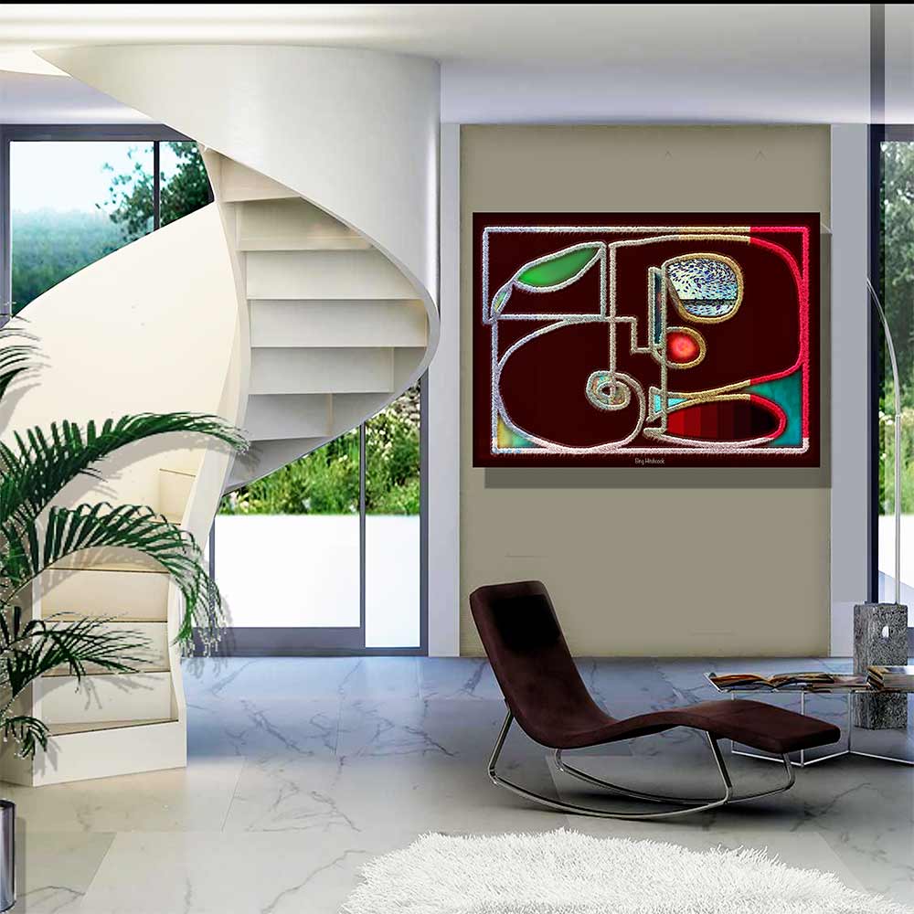 Abstract_artwork_UK_artist_Bing _Hitchcock_entitled_Mirai_hanging_in modern_apartment